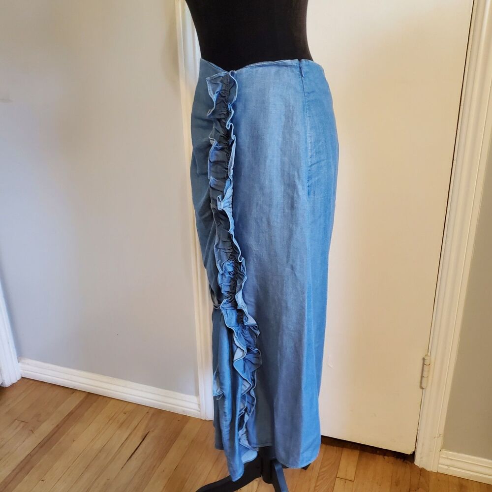 Chelsea28 Ruffle Gathered Midi Skirt Chambray Size S Boho Country Cottage Fairy - Picture 3 of 9